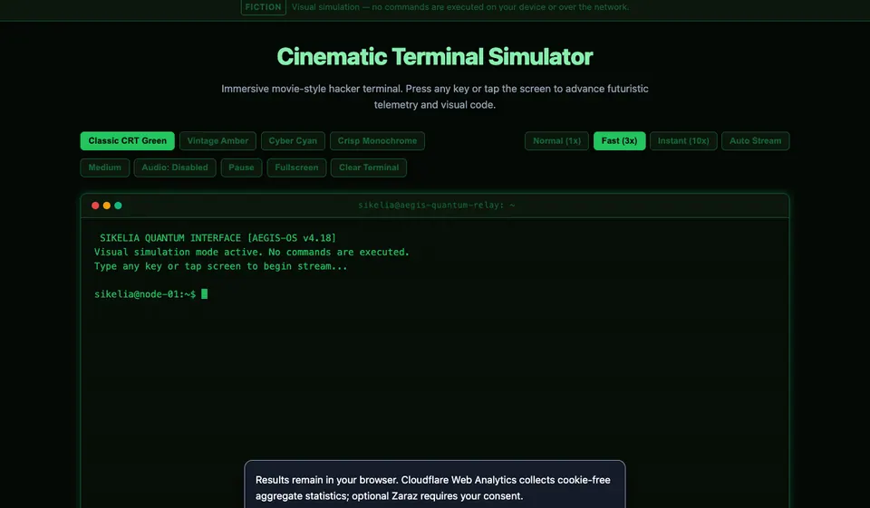 Cinematic Terminal Simulator — desktop experience