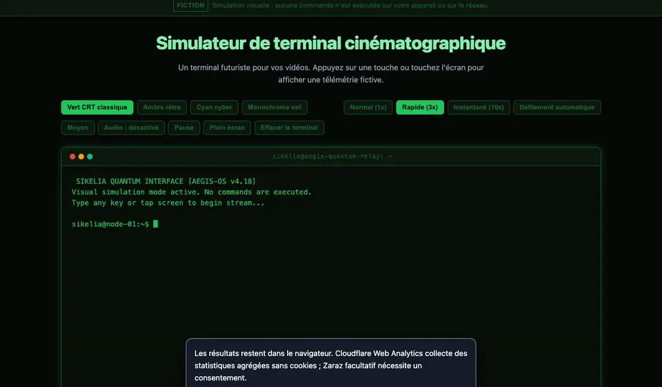 Simulateur de terminal cinématographique — interface desktop