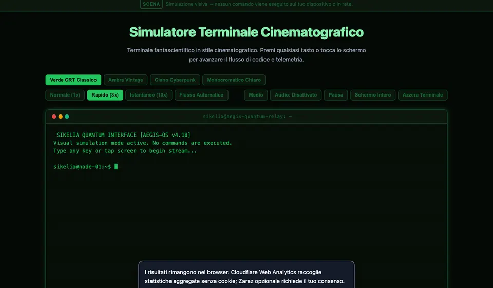 Cinematic Terminal Simulator — interfaccia desktop