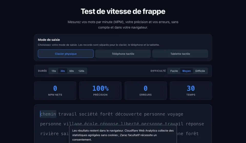 Test de vitesse de frappe — interface desktop