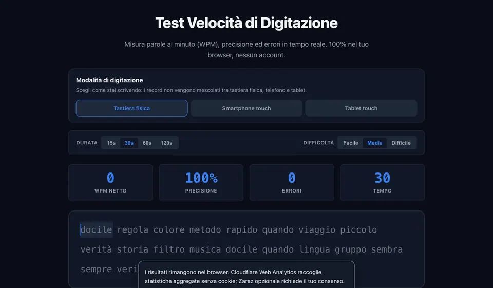 Typing Speed Test — interfaccia desktop
